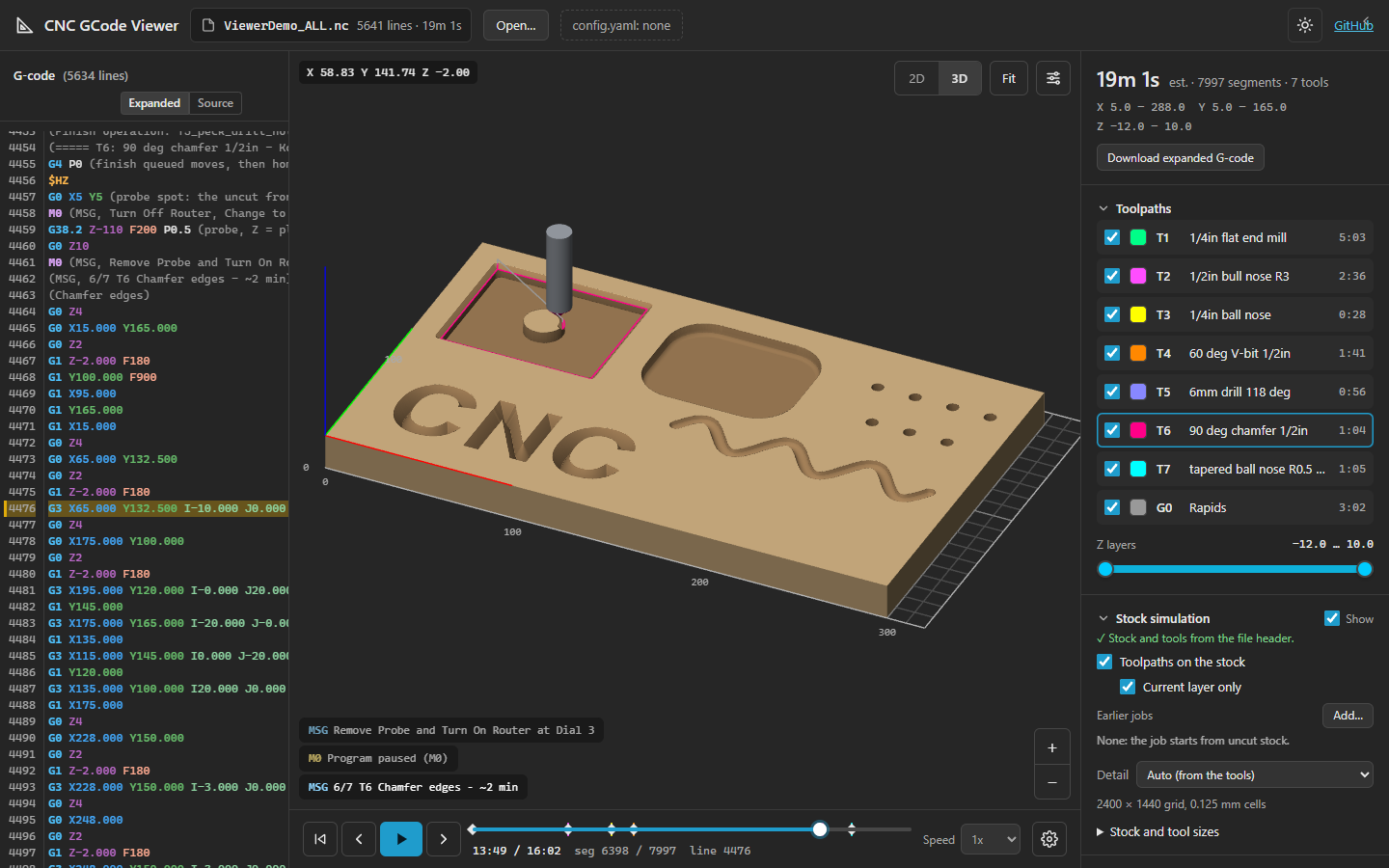 The viewer on a desktop: G-code on the left, a 3D view of a part being carved from stock in the middle, toolpaths and stock settings on the right