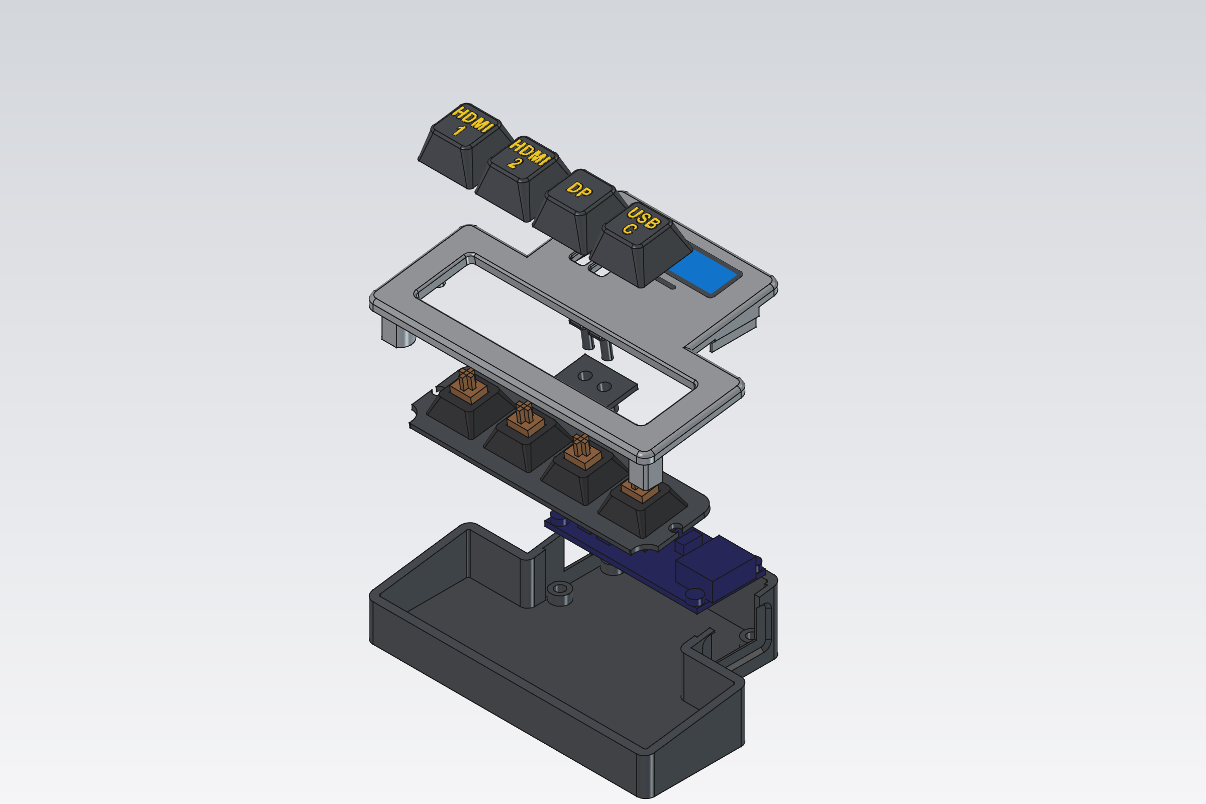 Exploded view: keycaps, lid with the monitor inlay and R/B buttons, switch plate with four switches, the Feather board, tray