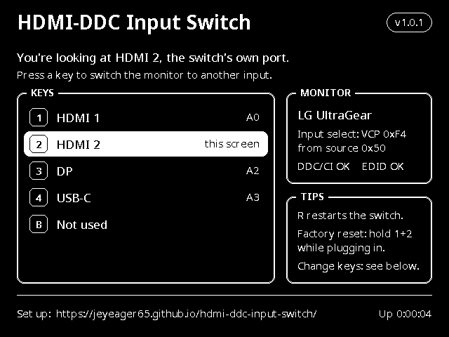 The info screen: title with version, a Keys panel listing each key and its input with HDMI 2 highlighted as this screen, a Monitor panel with the preset and DDC status, a Tips panel, and the set-up address with uptime at the bottom