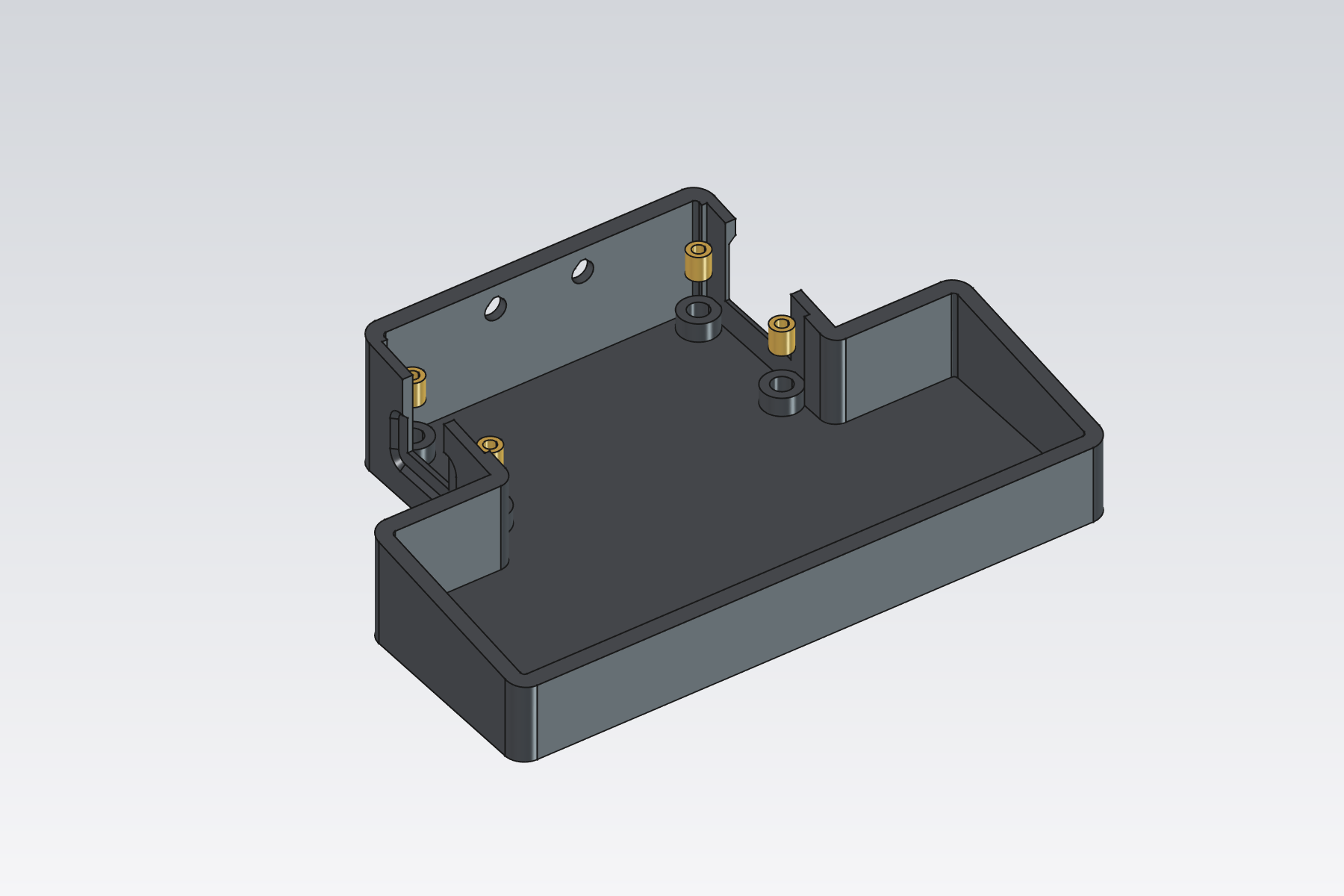 Tray with four brass M2.5 inserts above the board standoffs