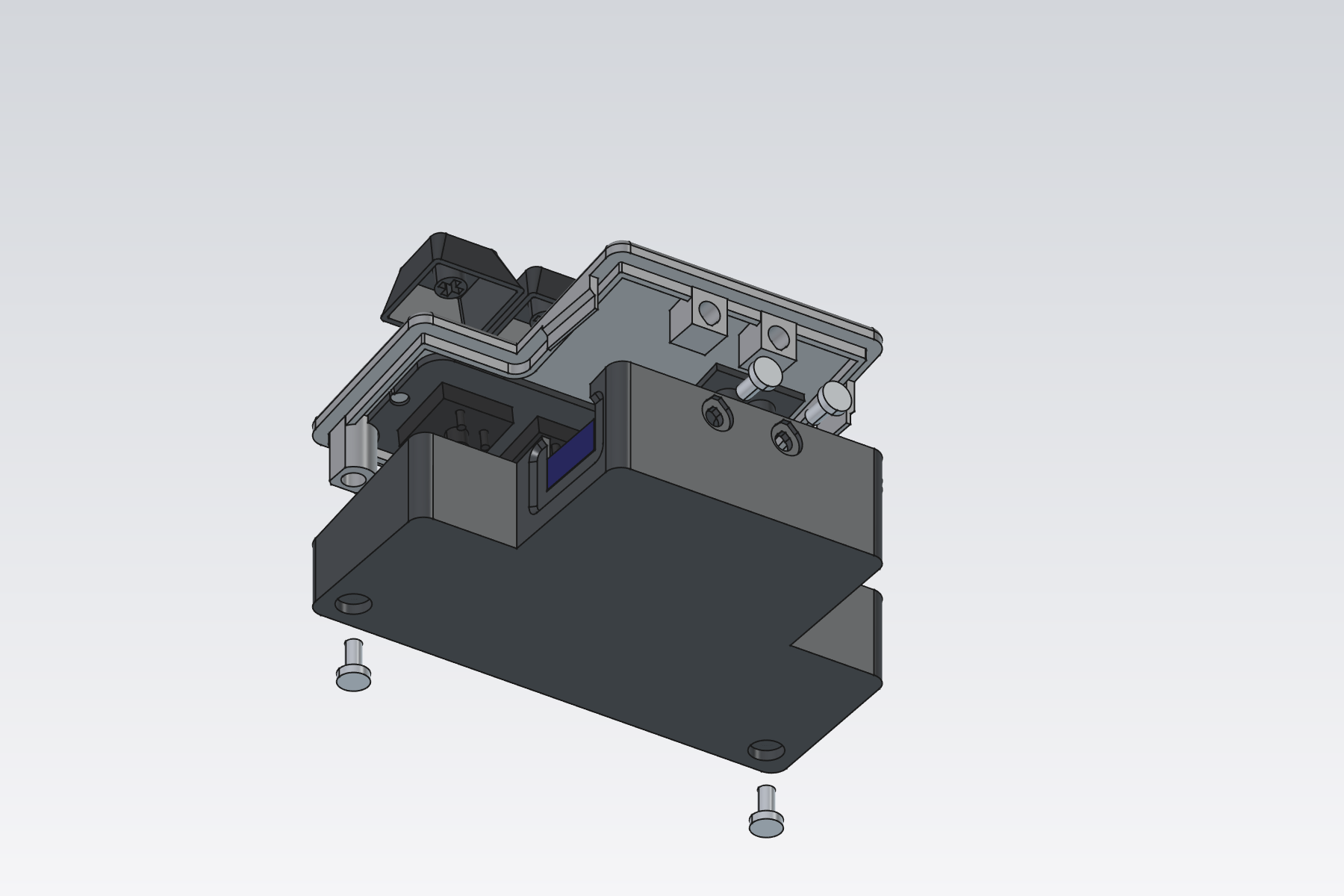 Lid lifted above the tray, keycaps above the switches, two screws below the floor and two behind the back wall